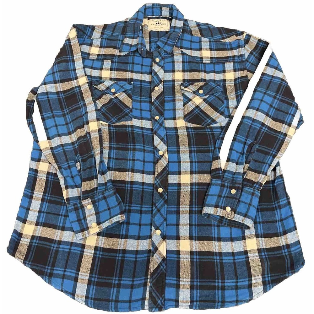 Cactus Man Mens XL Blue Flannel Pearl Snap Long Sleeve Grunge Lumberjack Hipster